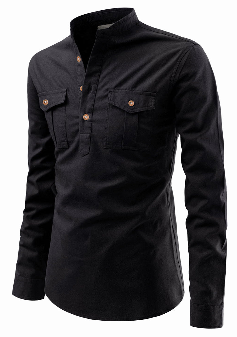 BLUE ROBED men's Casual Slim Fit Full Sleeve Double Pocket Cotton Kurta in Black view 22
