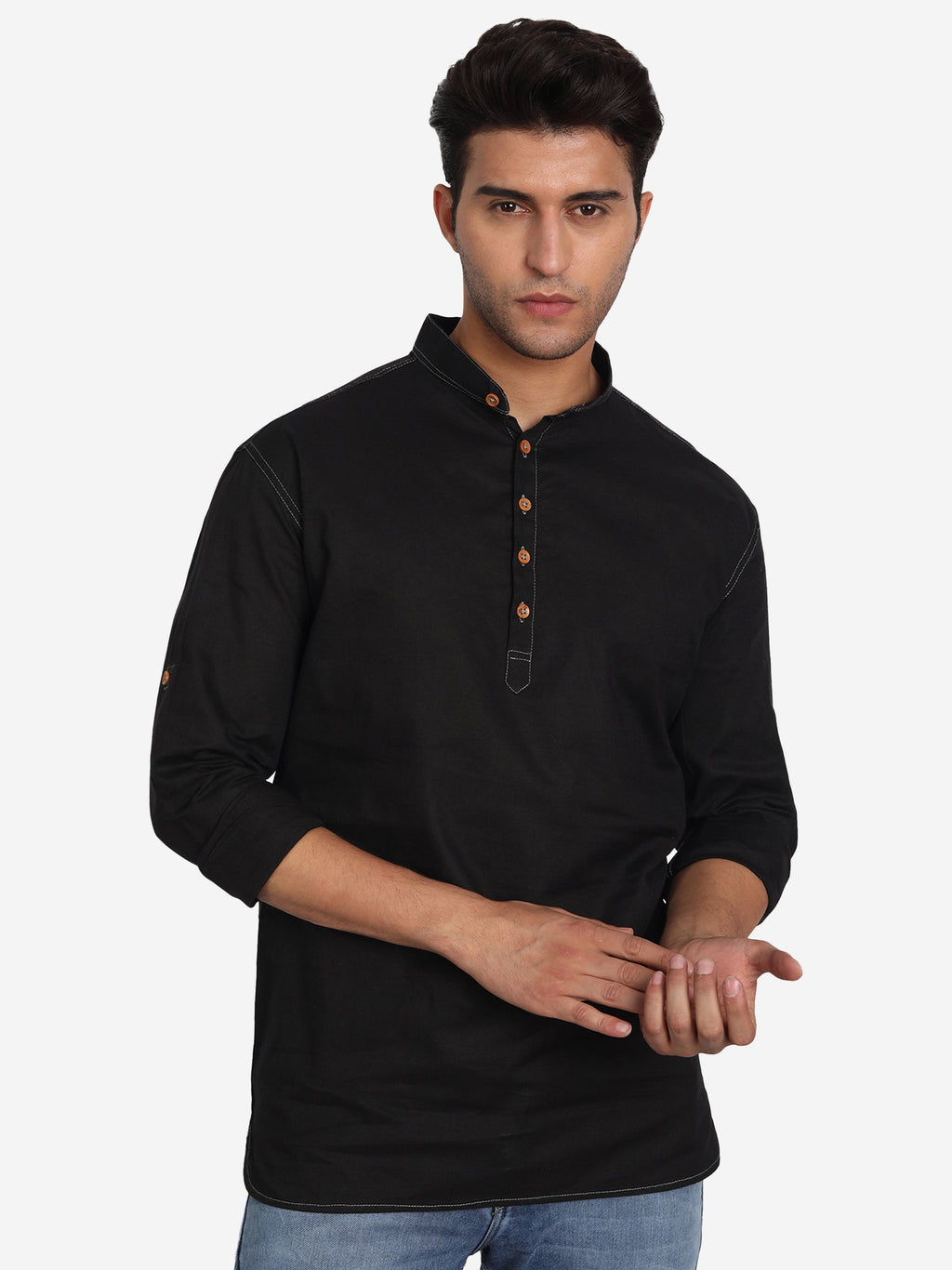 BLUE ROBED Men Cotton Slim Fit Short kurta in Black