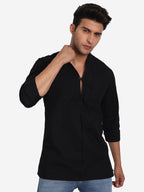 BLUE ROBED Men Pure Cotton Broad Placket Short Kurta in Black view 6