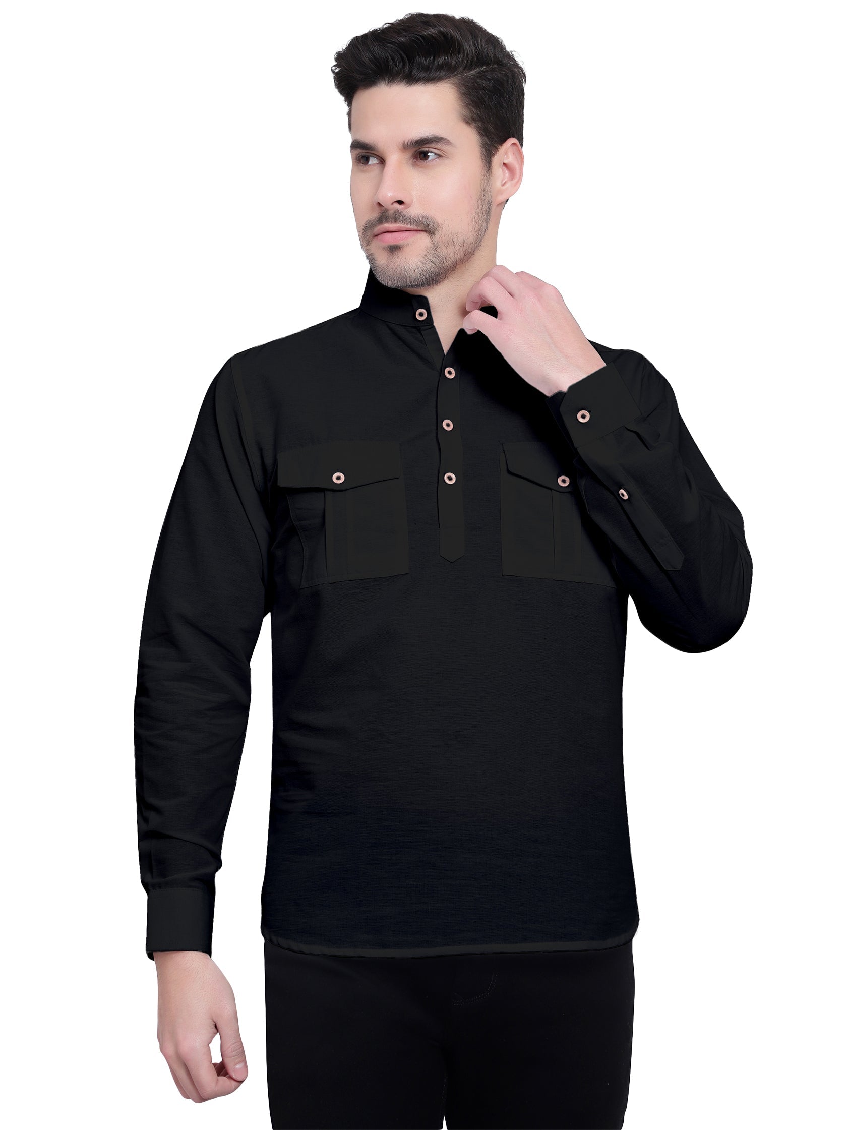 BLUE ROBED men's Casual Slim Fit Full Sleeve Double Pocket Cotton Kurta in Black style B view 27