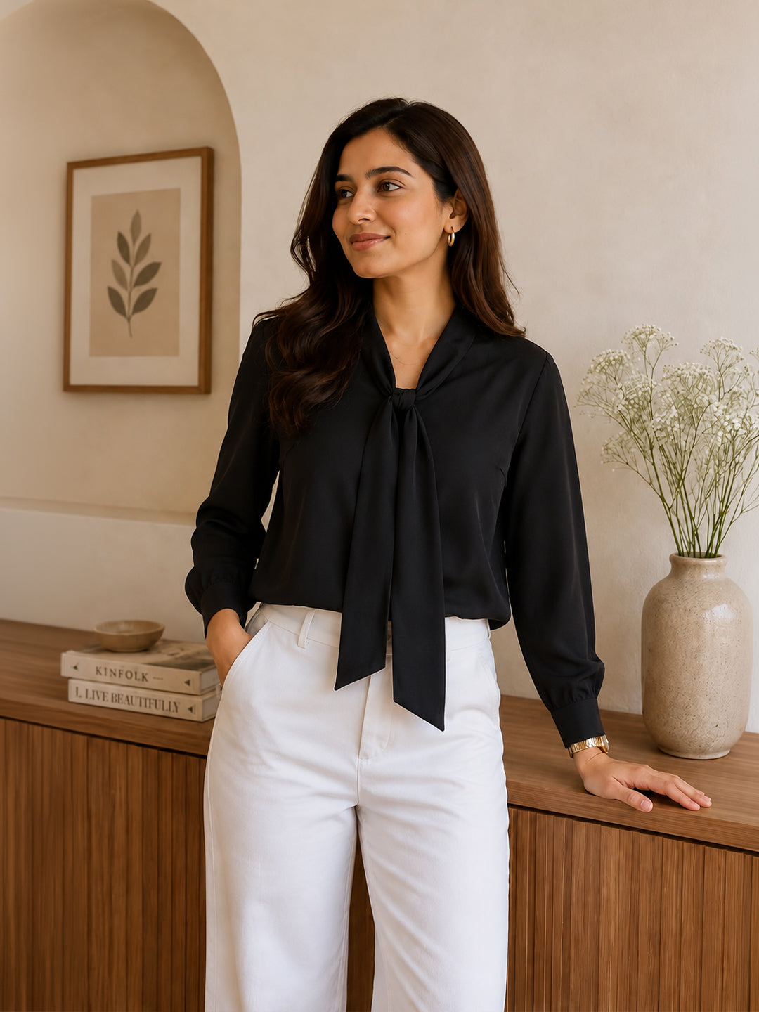 Women Solid Tie-Up Neck Crepe Top Main image