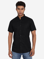Men's Pure Cotton Mandarin Collar Casual Half Sleeve Shirt in White by BLUE ROBED, style view