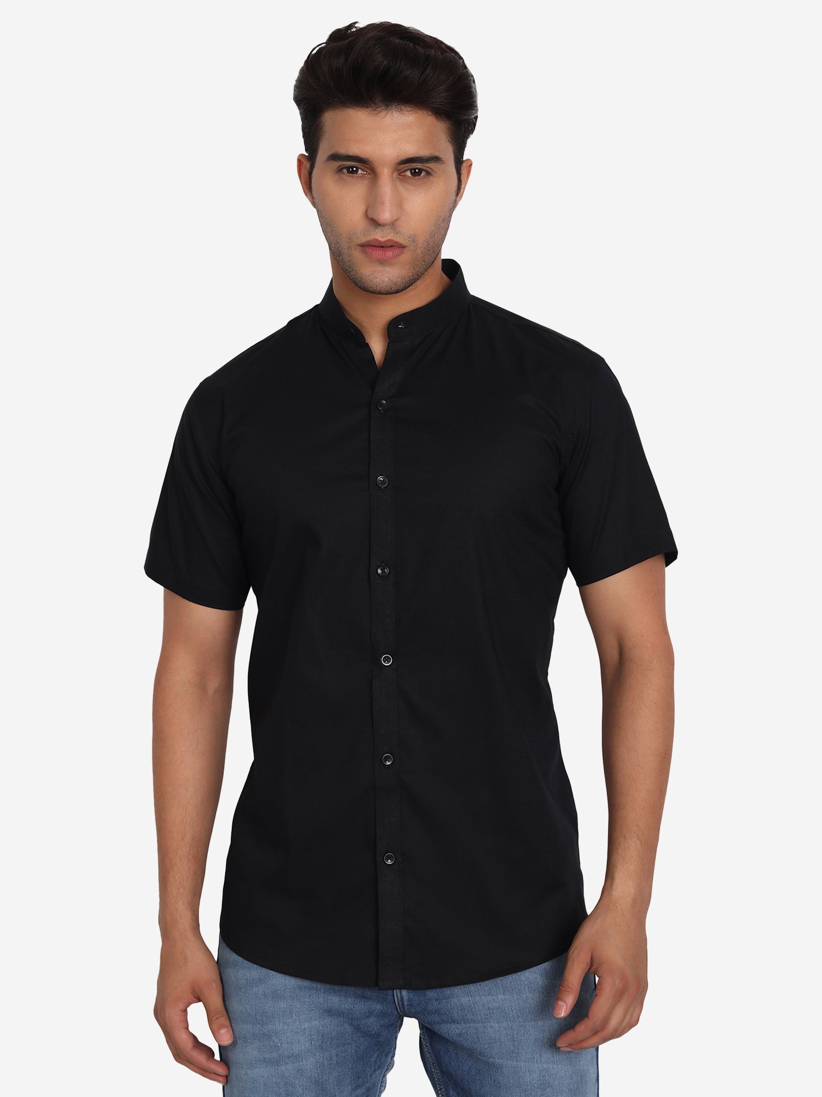 Men's Pure Cotton Mandarin Collar Casual Half Sleeve Shirt in White by BLUE ROBED, style view