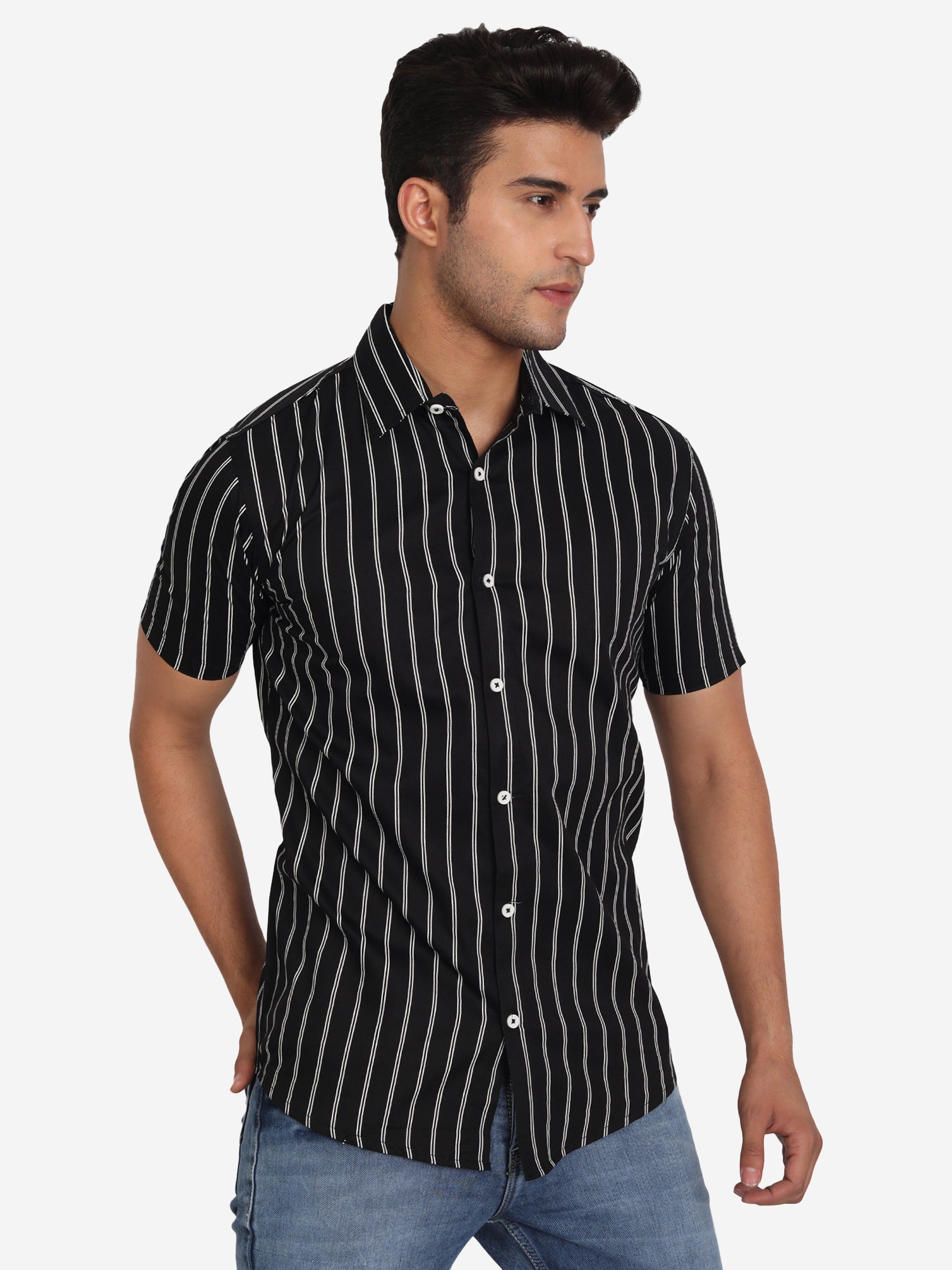 Men's Double Strip Half Sleeve Shirt in Black by BLUE ROBED