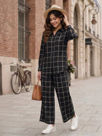 Women's Two Piece Set, Baby Black, Shirts with Wide Leg Trousers, Full Sleeve