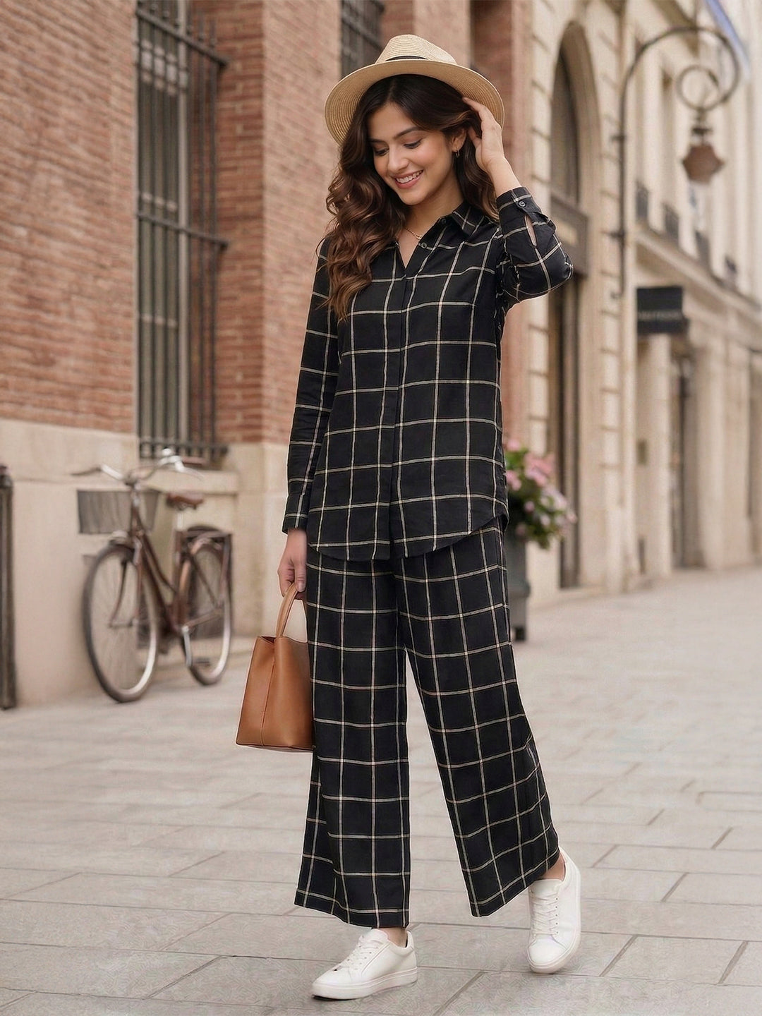 Women's Two Piece Set, Baby Black, Shirts with Wide Leg Trousers, Full Sleeve