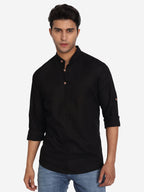 BLUE ROBED Men Double Button Slim Fit Casual Kurta in Black view 16