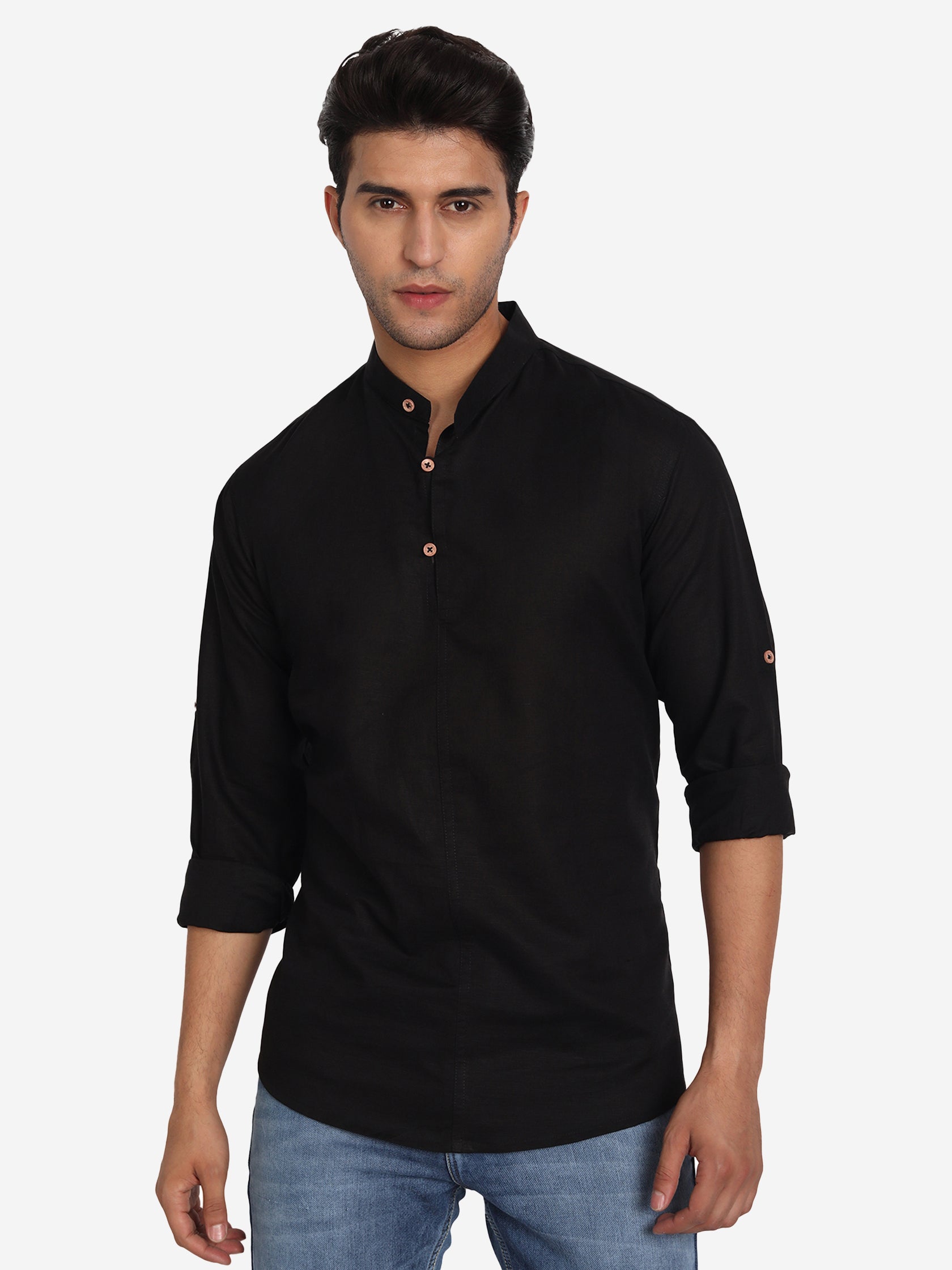BLUE ROBED Men Double Button Slim Fit Casual Kurta in Black view 16