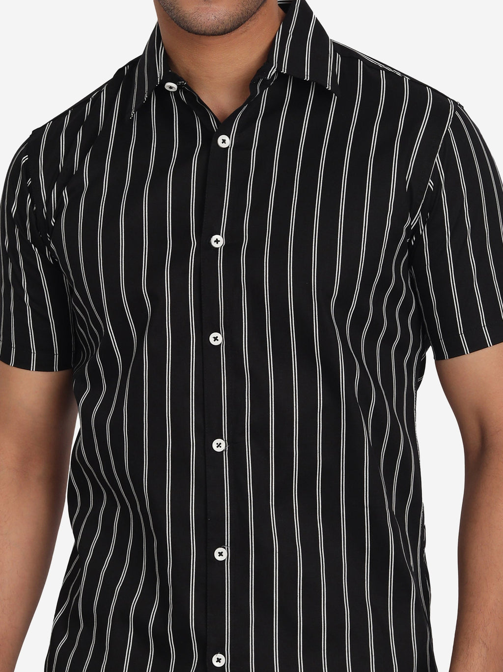 Men's Double Strip Half Sleeve Shirt in Black by BLUE ROBED, front view