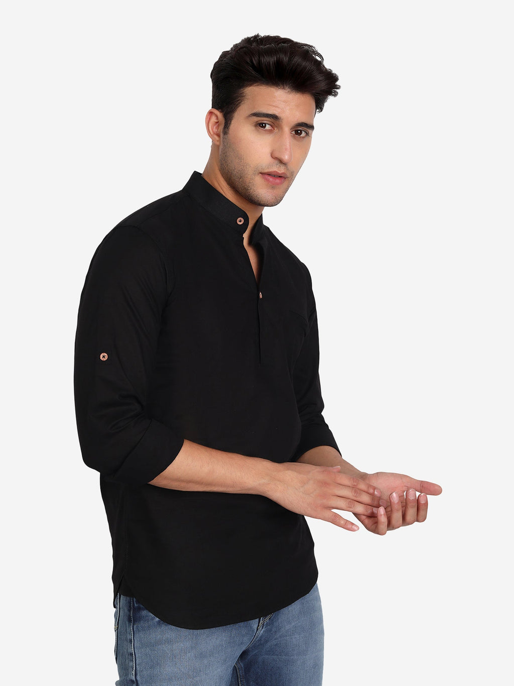 BLUE ROBED Men Pure Cotton Broad Placket Short Kurta in Black view 15