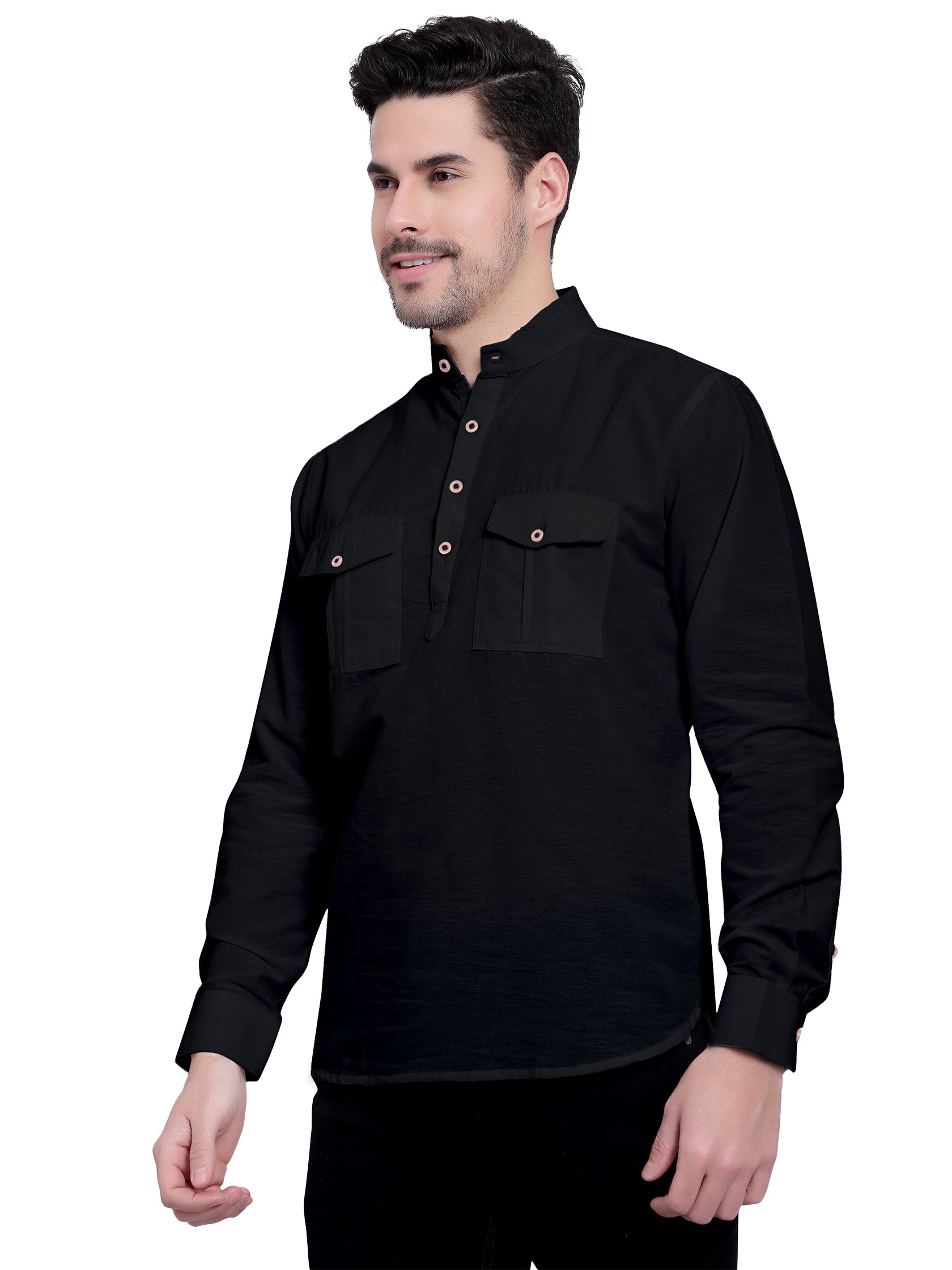 BLUE ROBED men's Casual Slim Fit Full Sleeve Double Pocket Cotton Kurta in Black style B view 28