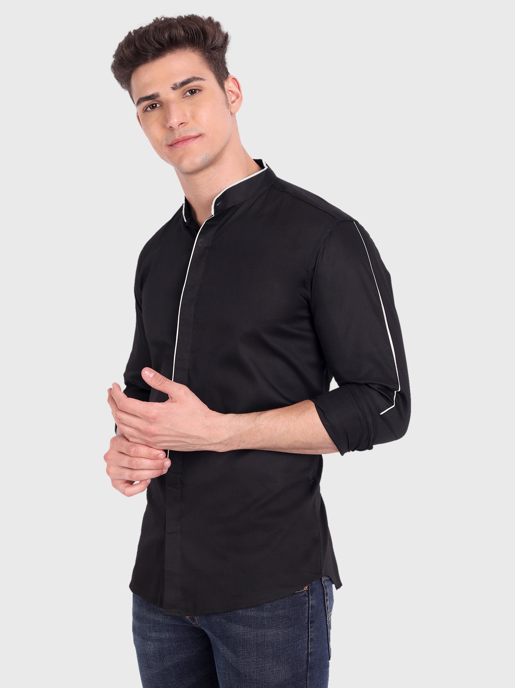 BLUE ROBED - Men's Shoulder Piping Full Sleeve Shirt - Black Secondary image