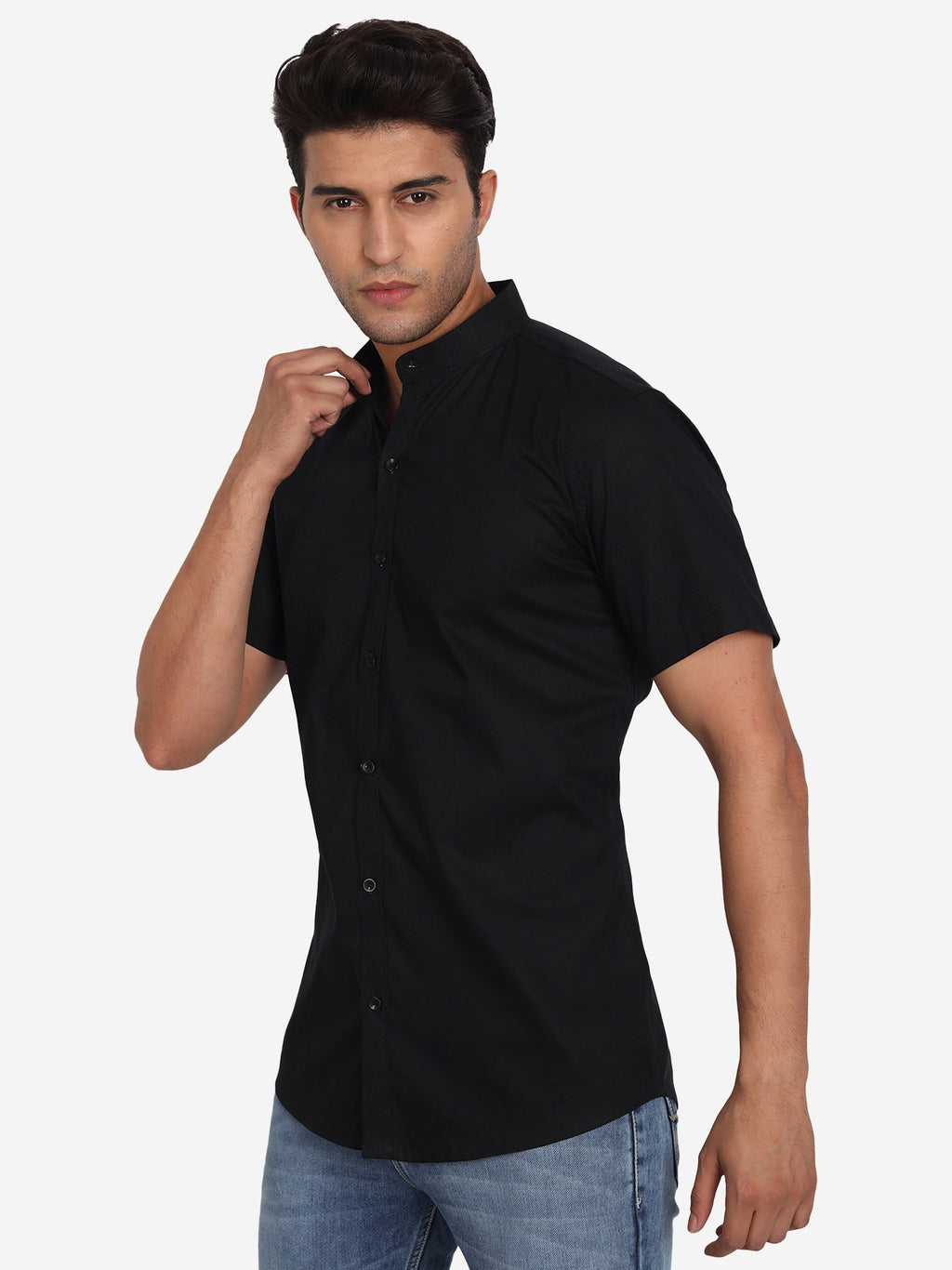 Men's Pure Cotton Mandarin Collar Casual Half Sleeve Shirt in White by BLUE ROBED, fit view