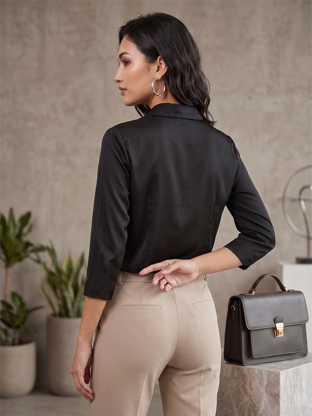 Women’s Solid Formal Shirt – Black | Viscose Rayon Fabric | 3/4th Sleeves Secondary image