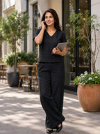 Women's Two Piece Set, Black, V-Neck Top with Wide Leg Trousers, Short Sleeve