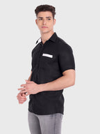 Men's Casual Half Sleeve Silver Button Shirt in Black by BLUE ROBED, fit view