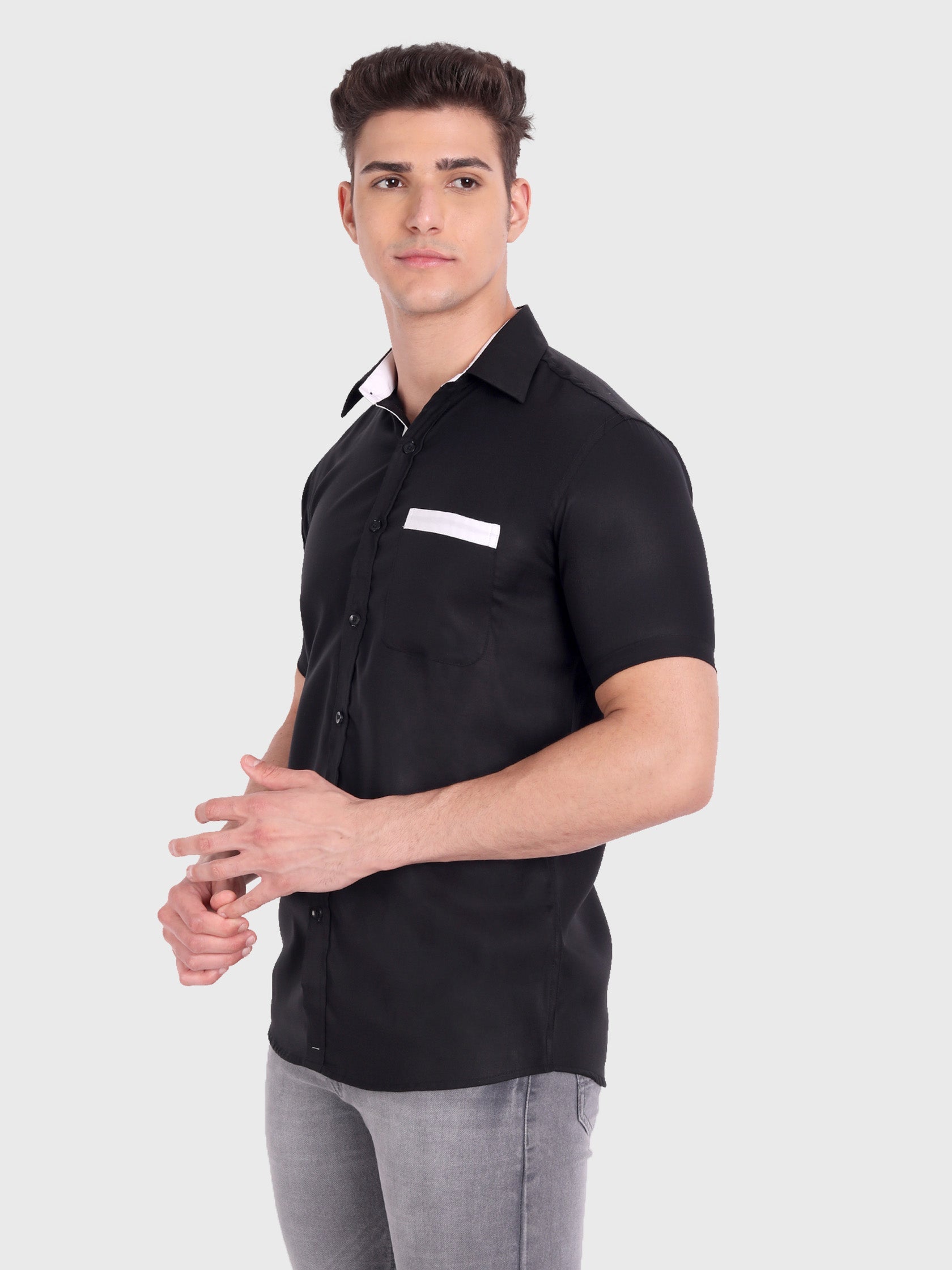Men's Casual Half Sleeve Silver Button Shirt in Black by BLUE ROBED, fit view