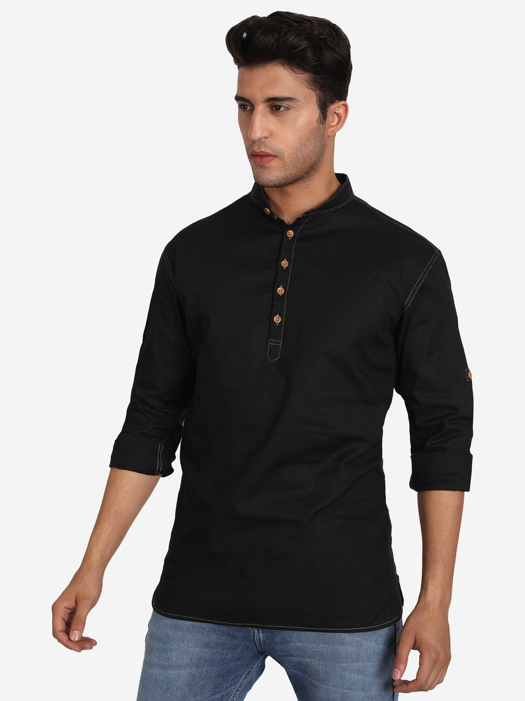 BLUE ROBED Men Cotton Slim Fit Short kurta in Black view 2