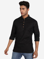 BLUE ROBED Men Cotton Slim Fit Short kurta in Black view 2
