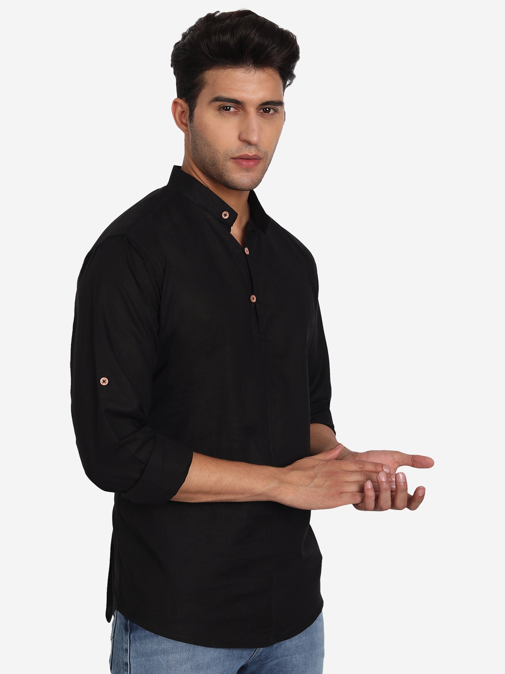 BLUE ROBED Men Double Button Slim Fit Casual Kurta in Black view 17