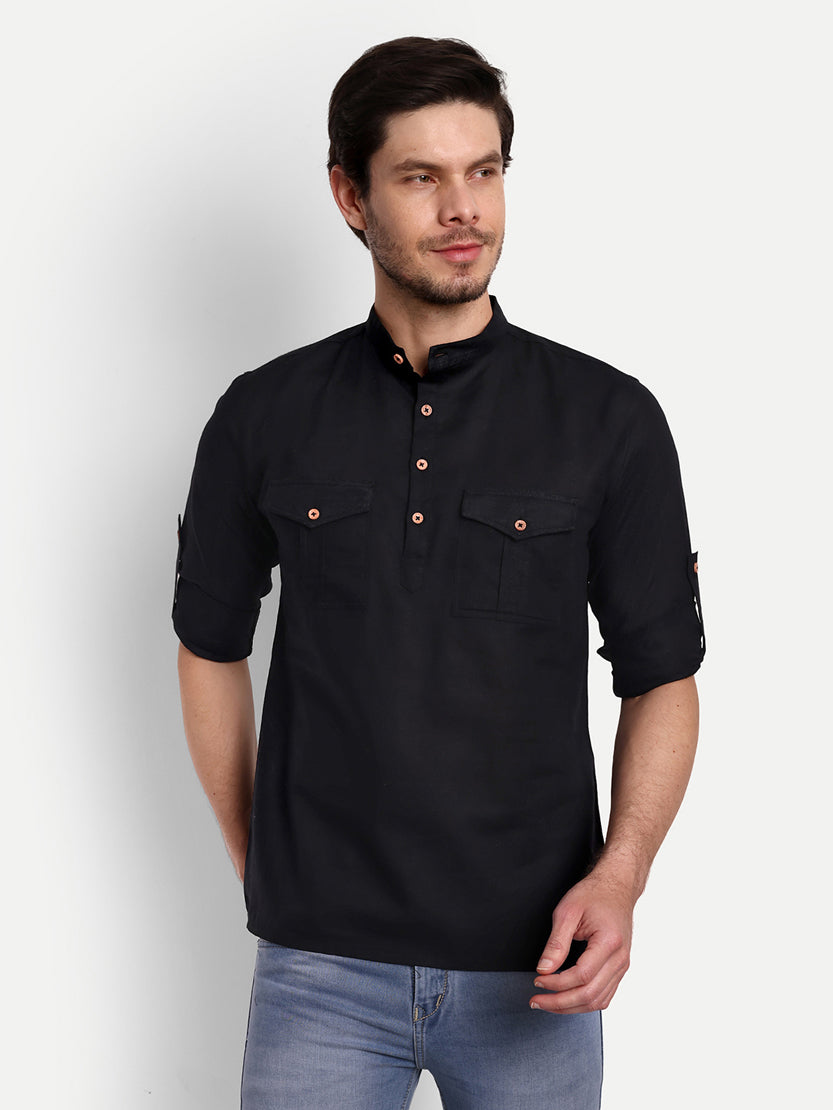 BLUE ROBED men's Casual Slim Fit Full Sleeve Double Pocket Cotton Trendy Kurta in Black view 36