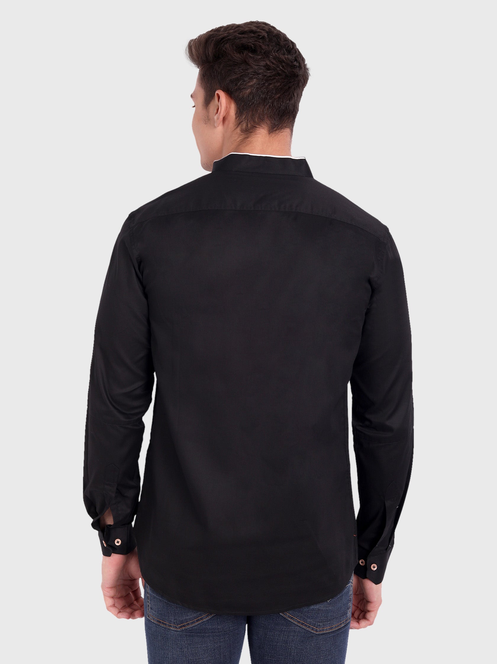 Men's Shoulder Piping Full Sleeve Shirt in Black by BLUE ROBED, side view