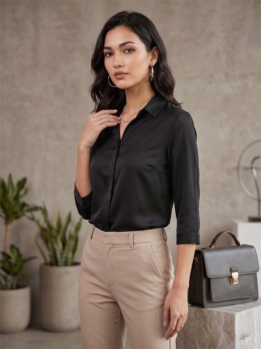 Women’s Solid Formal Shirt – Black | Viscose Rayon Fabric | 3/4th Sleeves