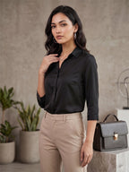 Women’s Solid Formal Shirt – Black | Viscose Rayon Fabric | 3/4th Sleeves