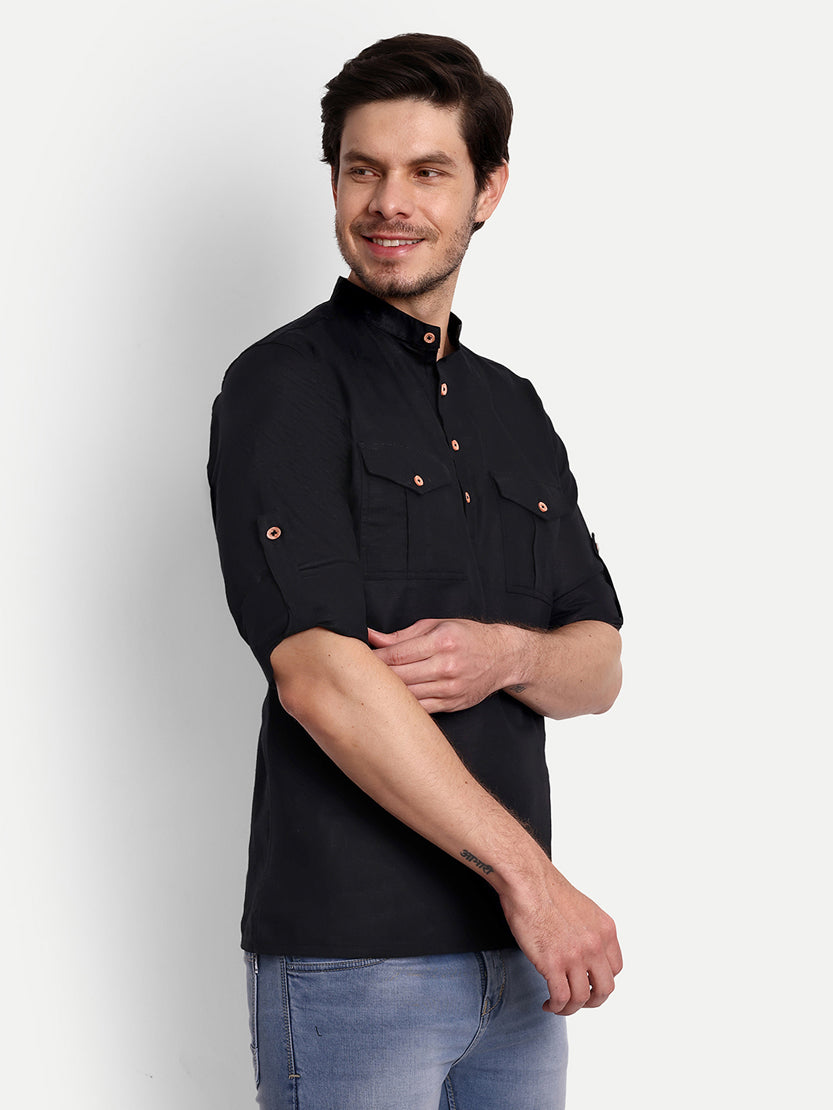 BLUE ROBED men's Casual Slim Fit Full Sleeve Double Pocket Cotton Trendy Kurta in Black view 37