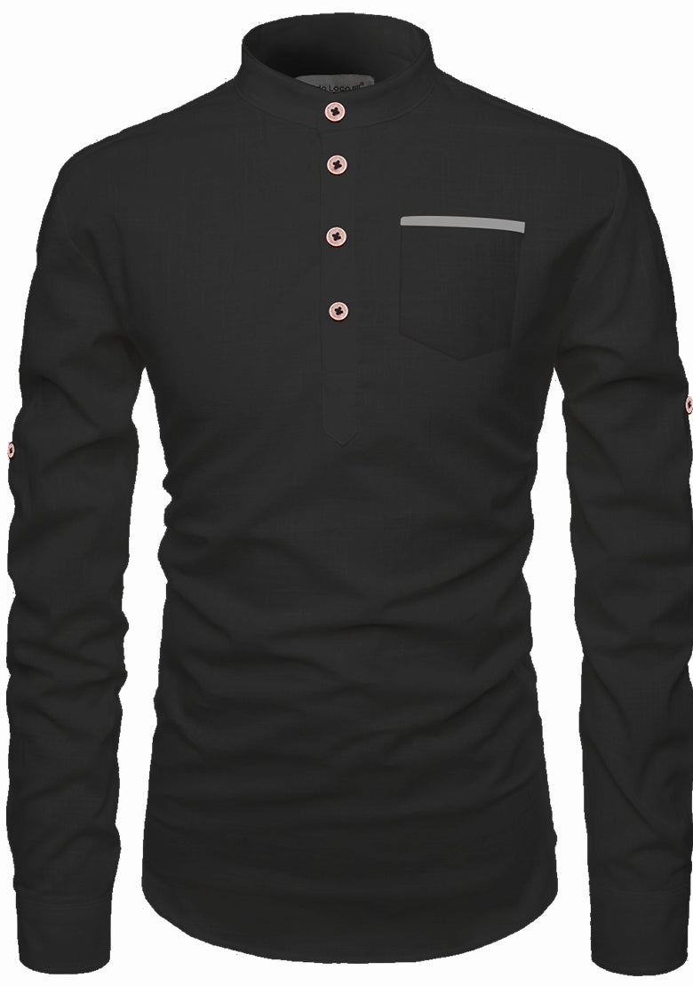 BLUE ROBED men's Casual Slim Fit Full Sleeve Pocket Contrast Kurta in Black view 13