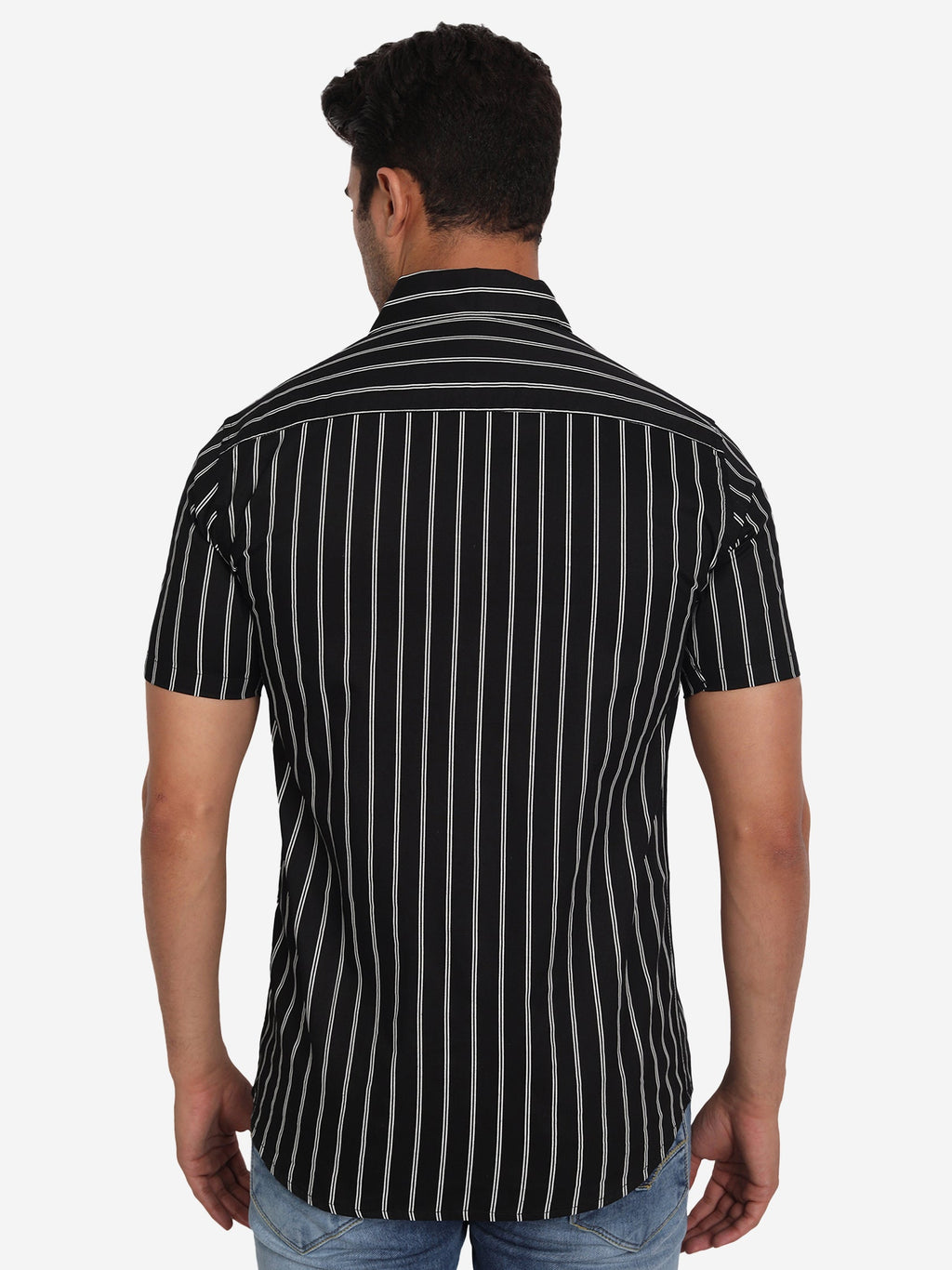 Men's Double Strip Half Sleeve Shirt in Black by BLUE ROBED, side view
