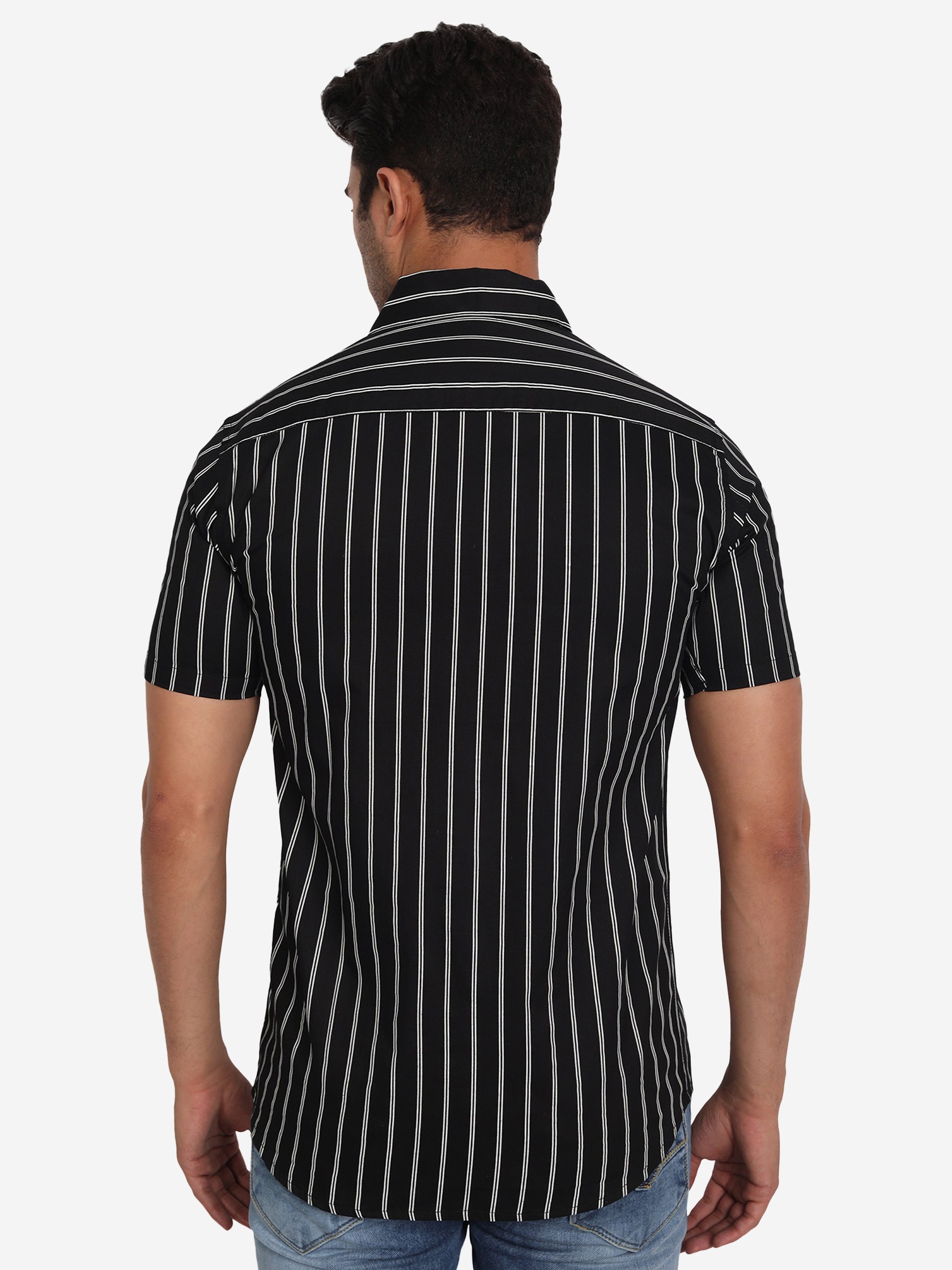 Men's Double Strip Half Sleeve Shirt in Black by BLUE ROBED, side view