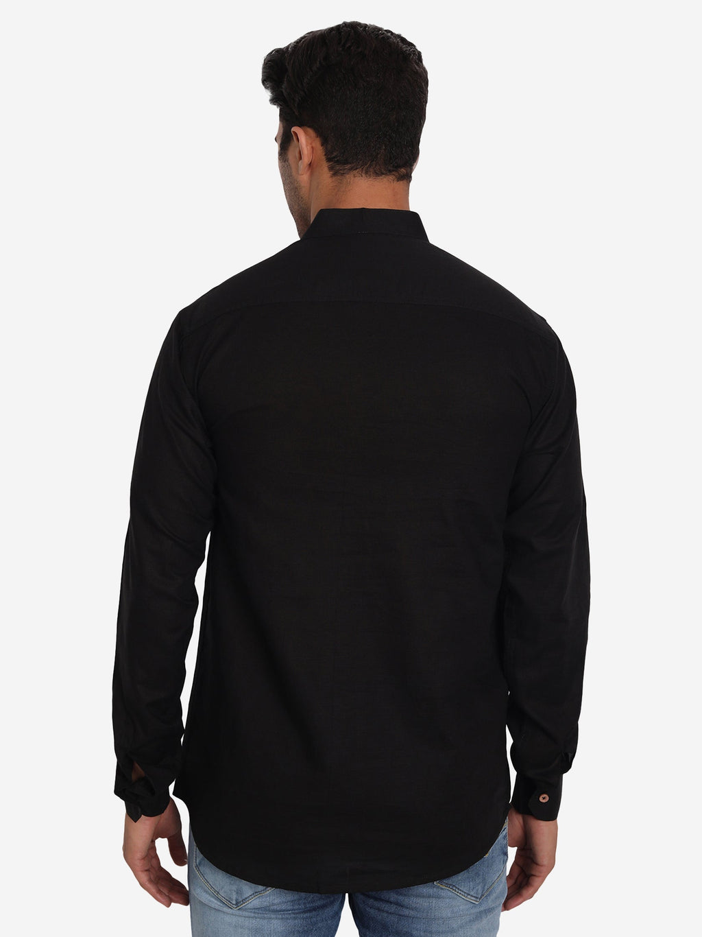 BLUE ROBED Men Double Button Slim Fit Casual Kurta in Black view 18