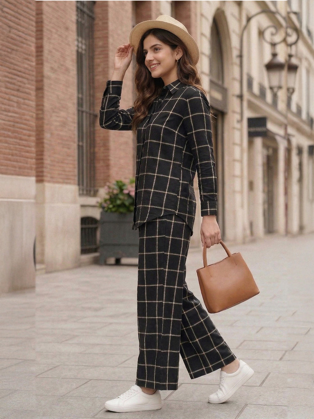 Women's Two Piece Set, Baby Black, Shirts with Wide Leg Trousers, Full Sleeve