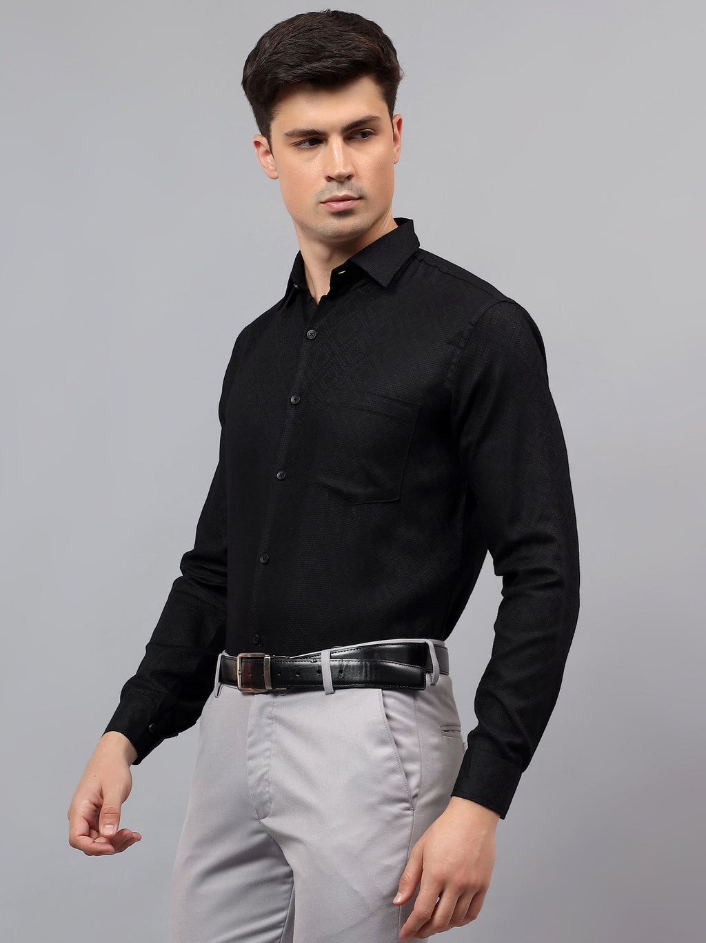 Men's Full Sleeve Spread Collar Premium Casual Shirt for Men in Black by BLUE ROBED, front view