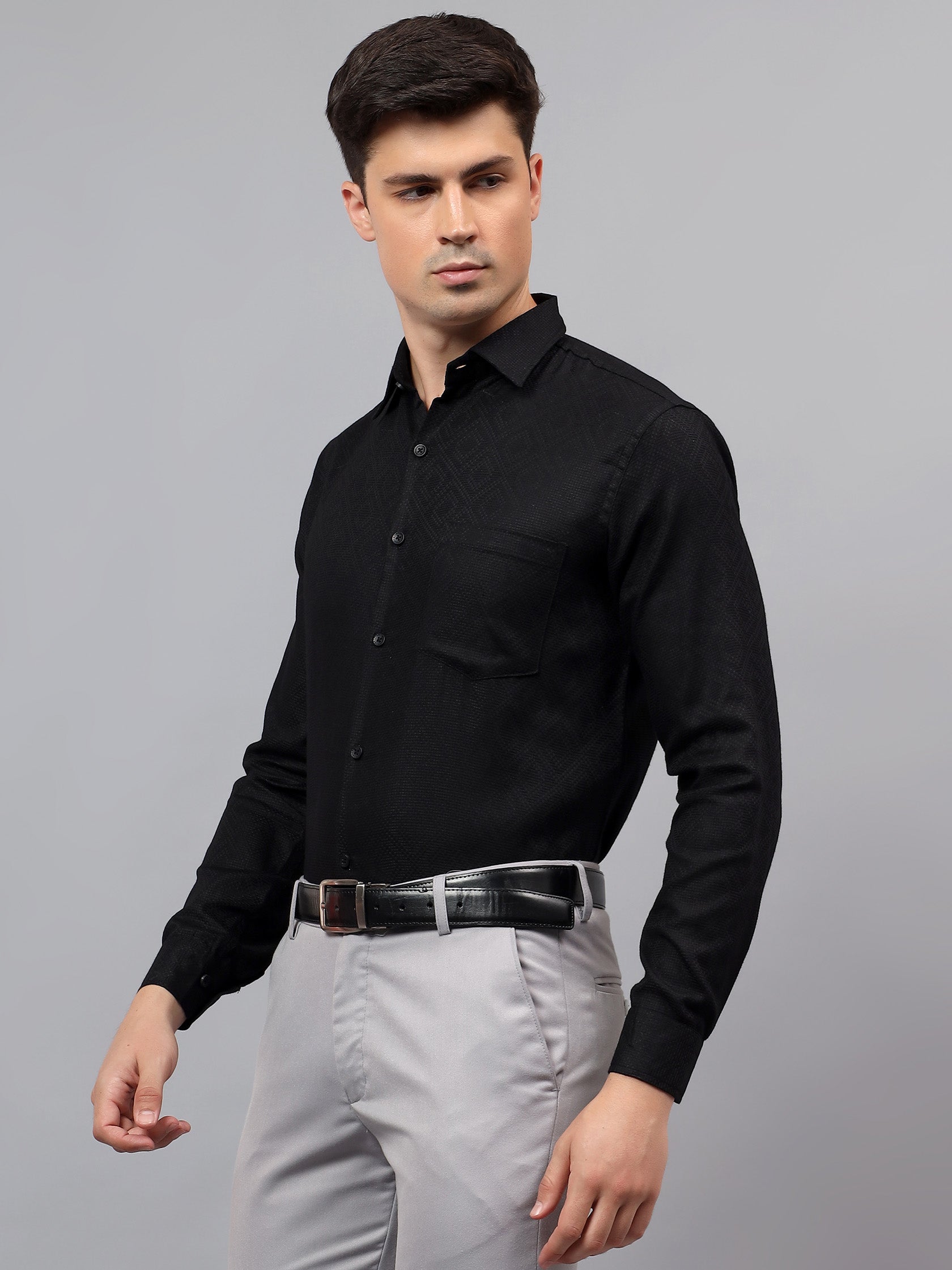 Men's Full Sleeve Spread Collar Premium Casual Shirt for Men in Black by BLUE ROBED, front view