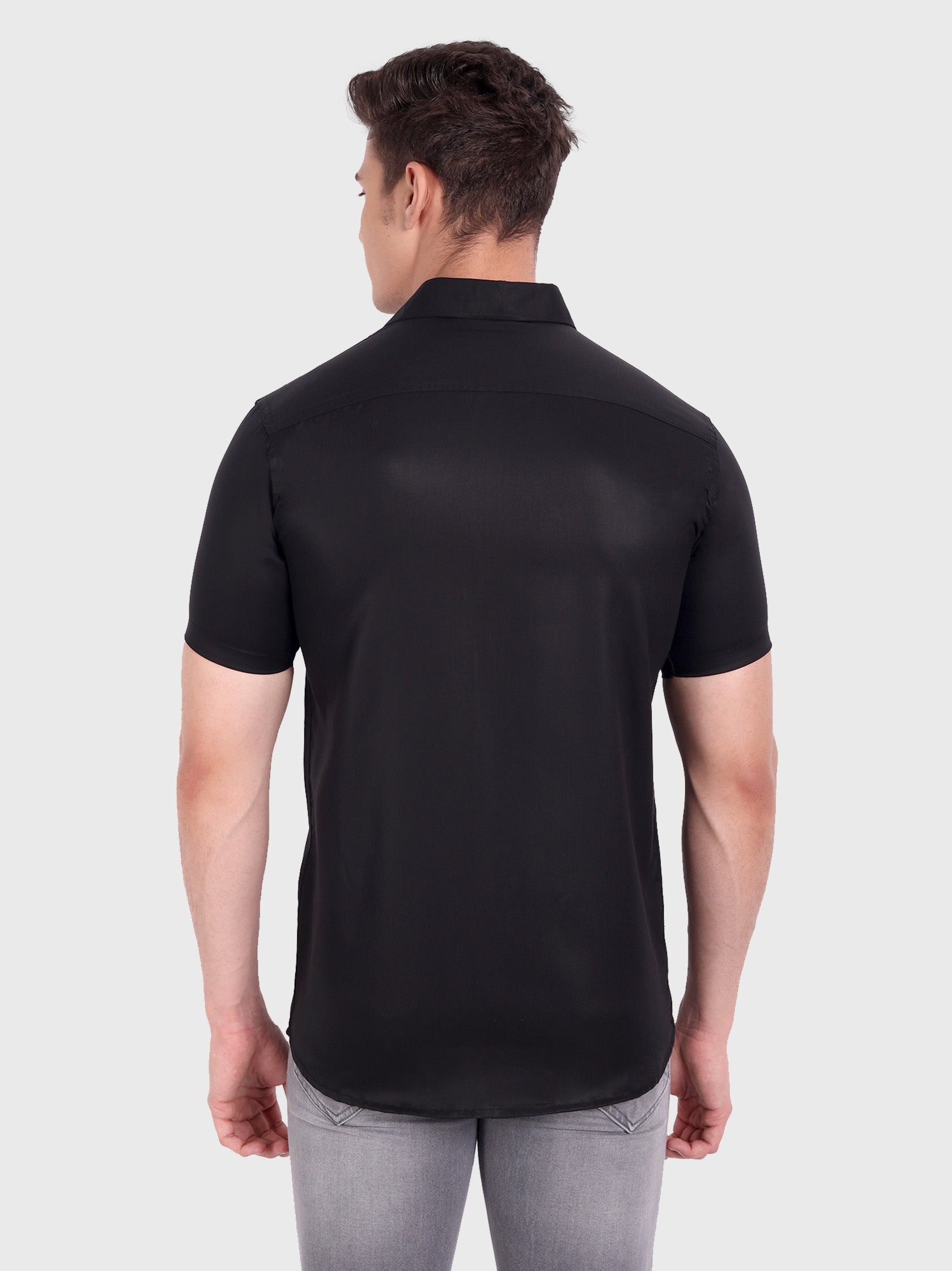 Men's Casual Half Sleeve Silver Button Shirt in Black by BLUE ROBED, fabric detail