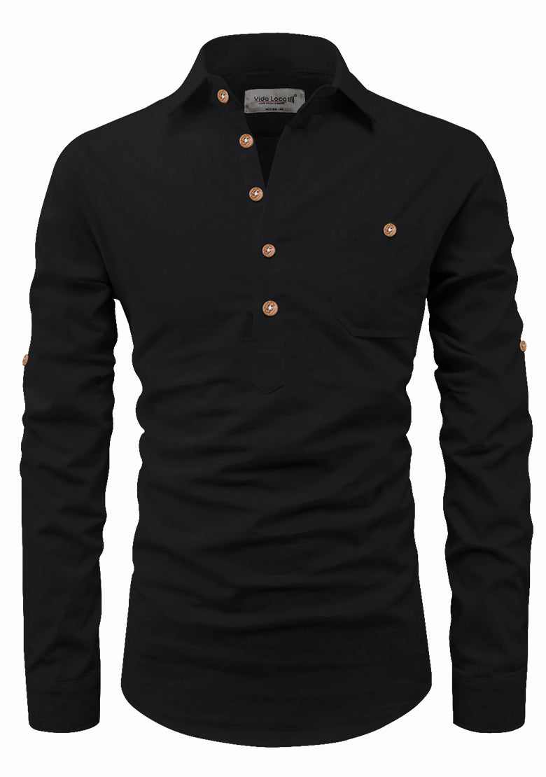 BLUE ROBED men's Full Sleeve Casual Cotton Kurta in Black view 27