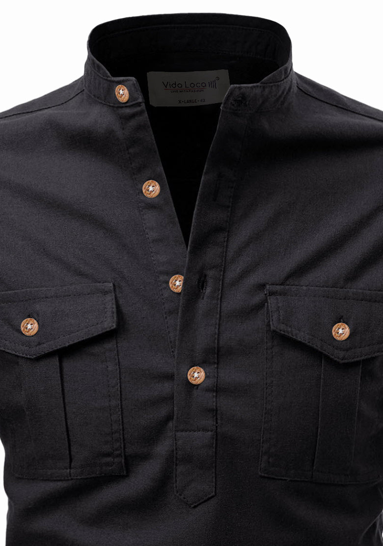 BLUE ROBED men's Casual Slim Fit Full Sleeve Double Pocket Cotton Kurta in Black view 24