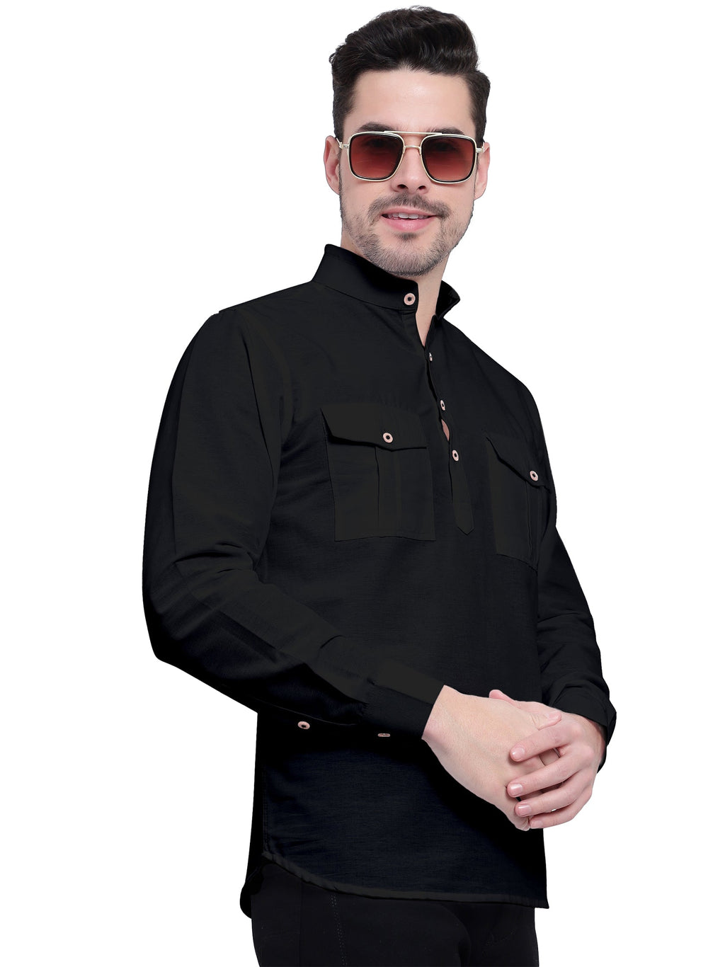 BLUE ROBED men's Casual Slim Fit Full Sleeve Double Pocket Cotton Kurta in Black view 29