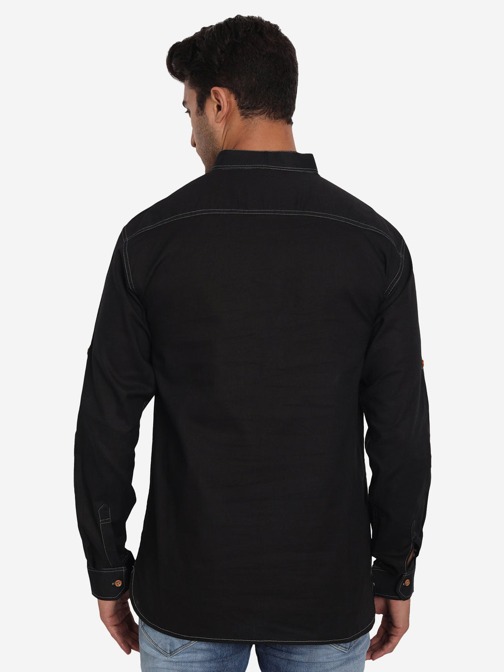 BLUE ROBED Men Cotton Slim Fit Short kurta in Black view 3