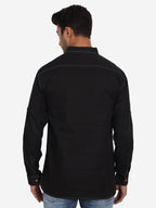 BLUE ROBED Men Cotton Slim Fit Short kurta in Black view 3