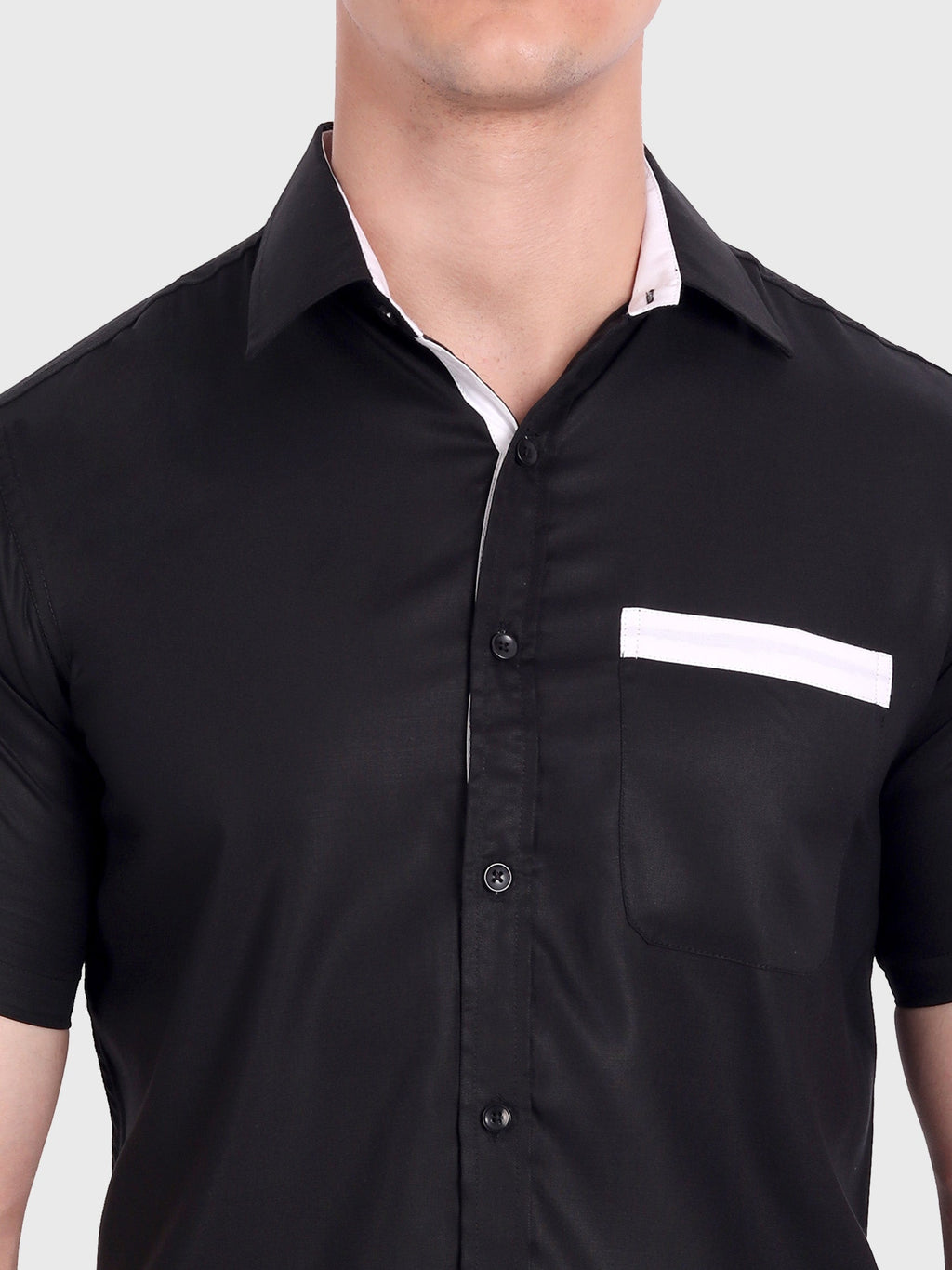 Men's Casual Half Sleeve Silver Button Shirt in Black by BLUE ROBED, front view