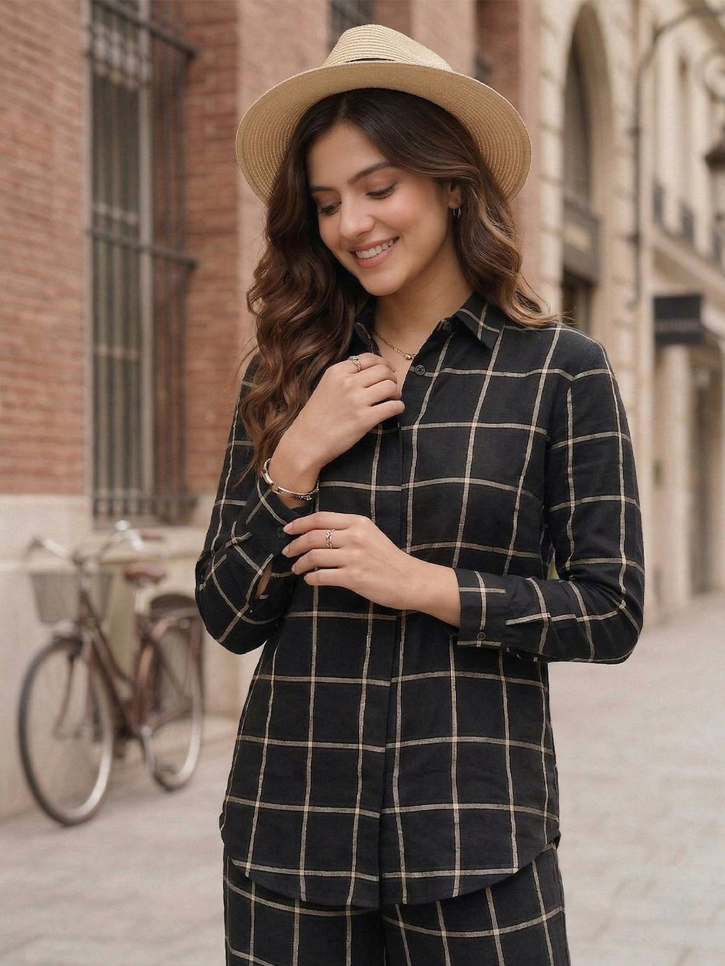 Women's Two Piece Set, Baby Black, Shirts with Wide Leg Trousers, Full Sleeve