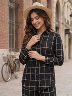 Women's Two Piece Set, Baby Black, Shirts with Wide Leg Trousers, Full Sleeve