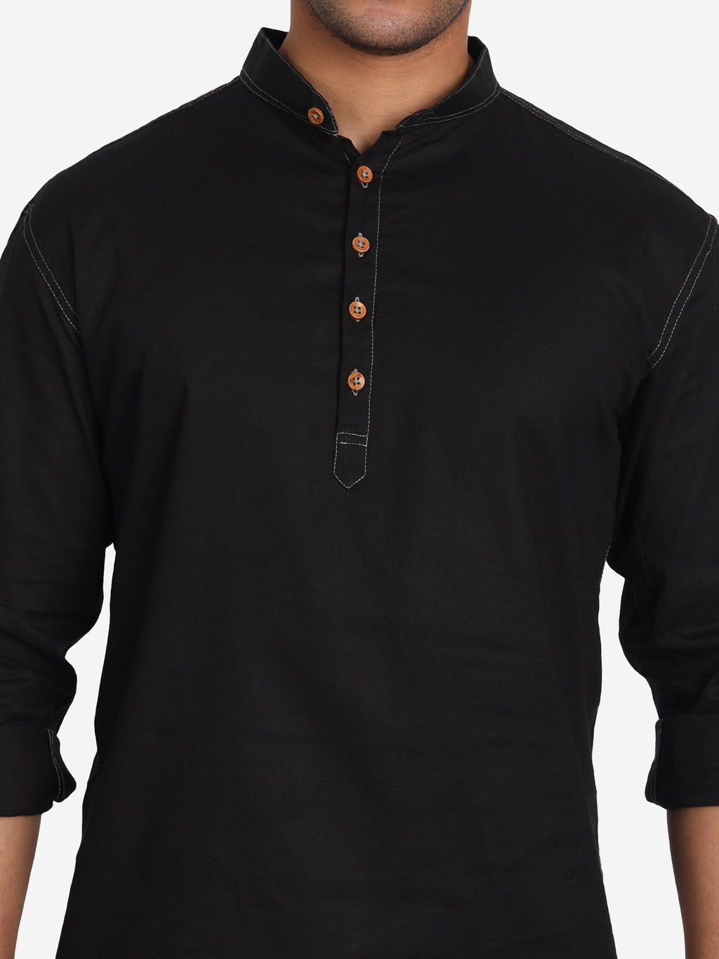 BLUE ROBED Men Cotton Slim Fit Short kurta in Black view 4