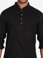 BLUE ROBED Men Cotton Slim Fit Short kurta in Black view 4