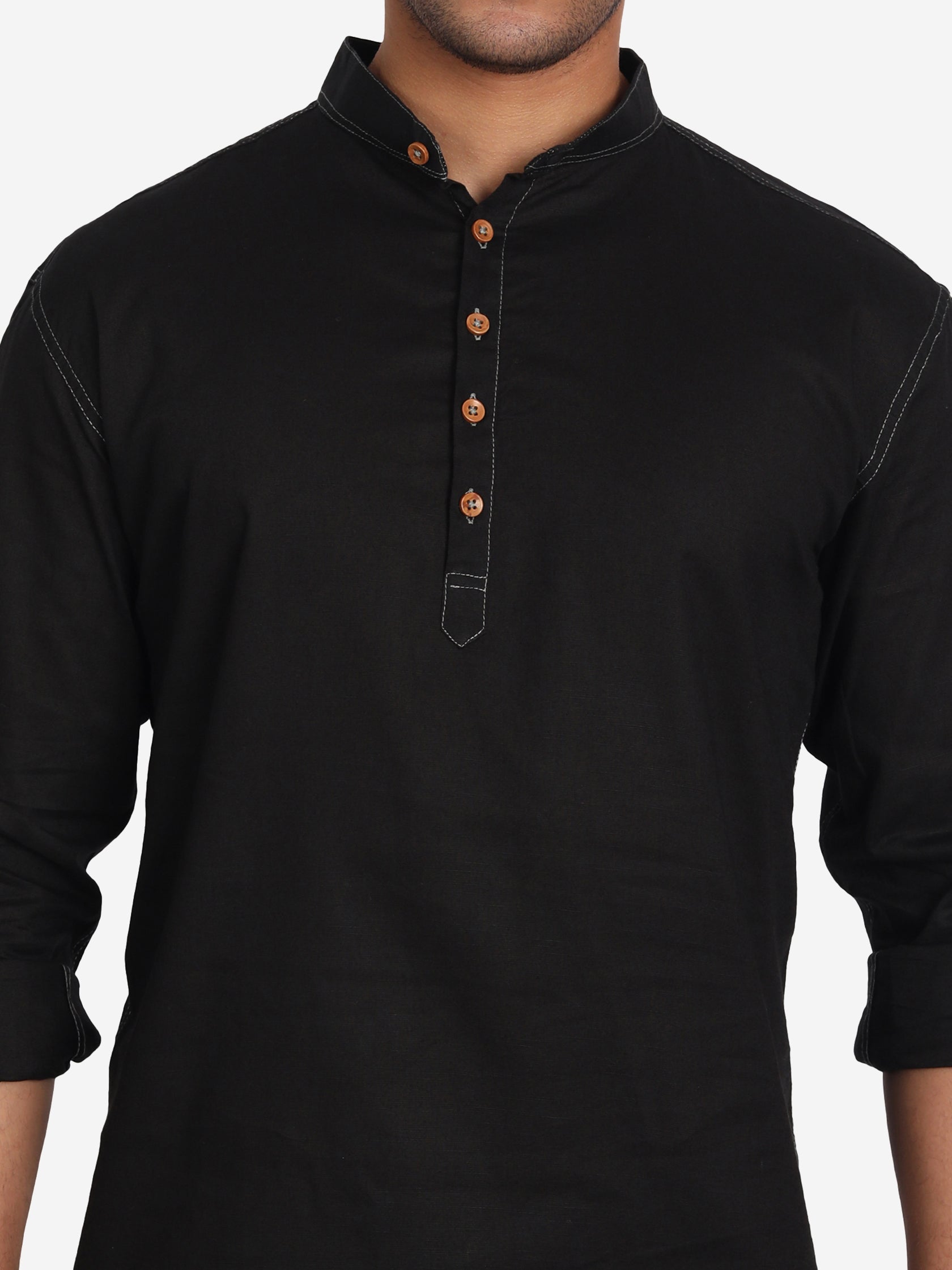 BLUE ROBED Men Cotton Slim Fit Short kurta in Black view 4