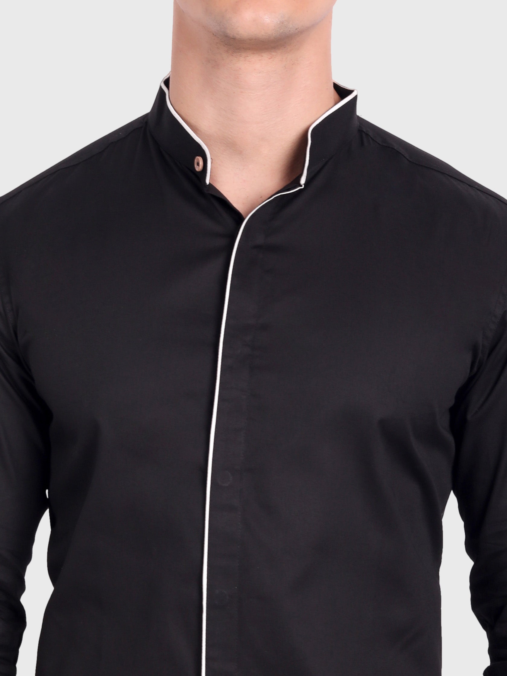Men's Shoulder Piping Full Sleeve Shirt in Black by BLUE ROBED, back view