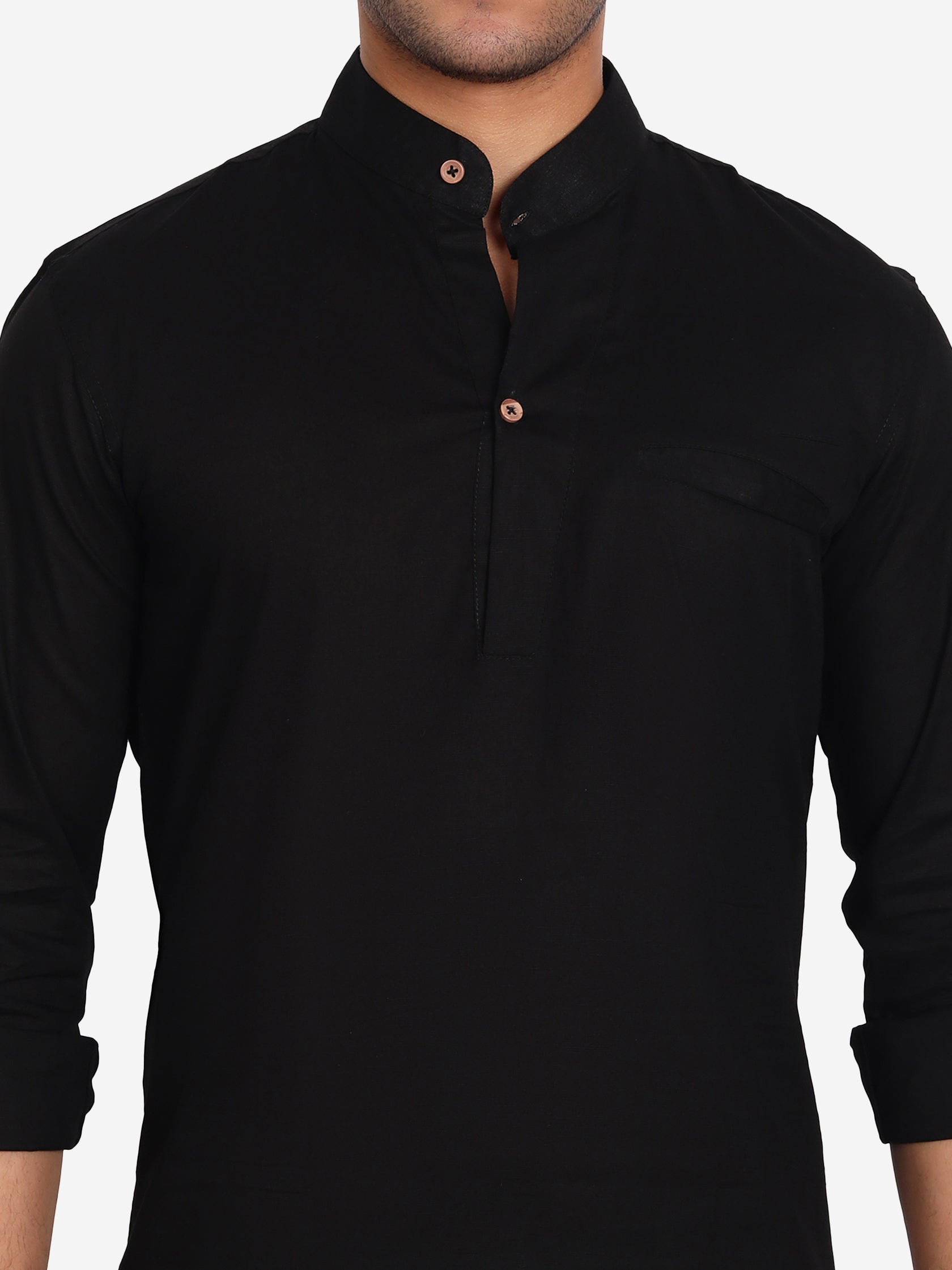 BLUE ROBED Men Pure Cotton Broad Placket Short Kurta in Black view 17